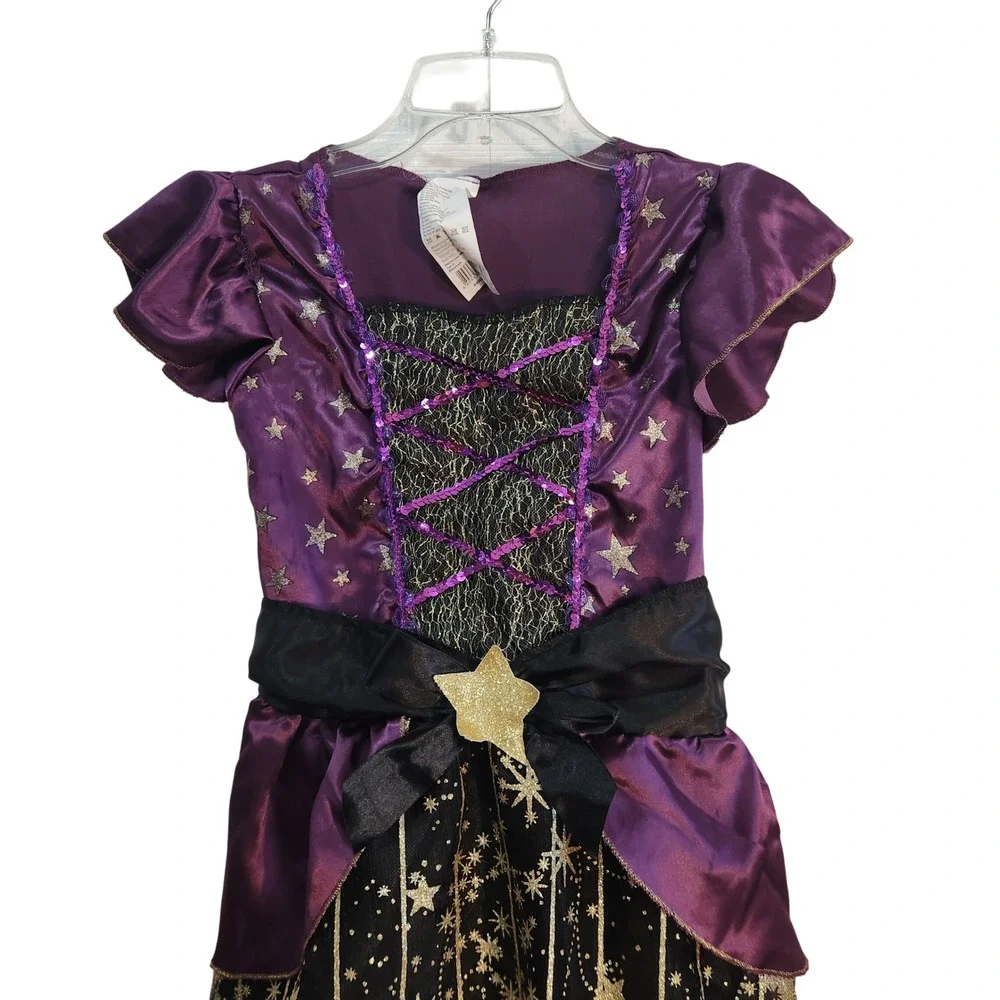 Girls Witch Costume‎ Dress Purple Gold Stars Halloween Party Dress Up Sz L 10-12